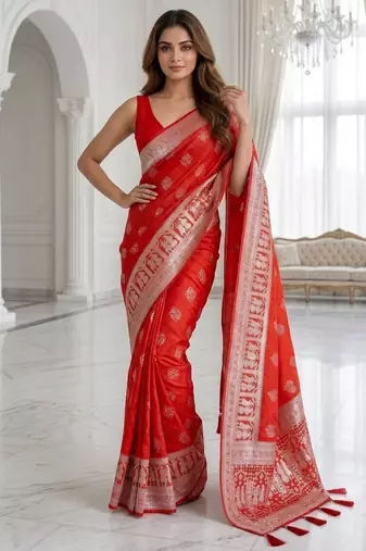 Red color lichi silk fabric woven silver jari designer saree