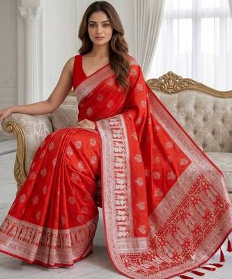 Red color lichi silk fabric woven silver jari designer saree 4