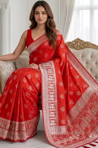 Red color lichi silk fabric woven silver jari designer saree