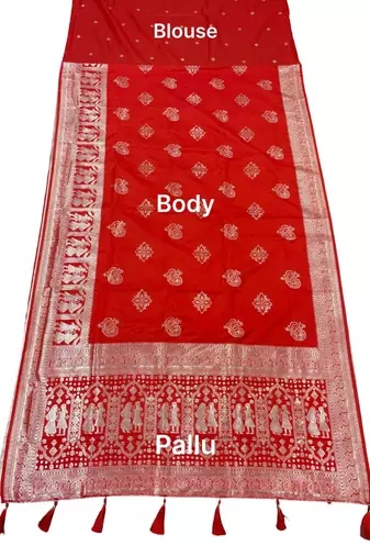 Red color lichi silk fabric woven silver jari designer saree