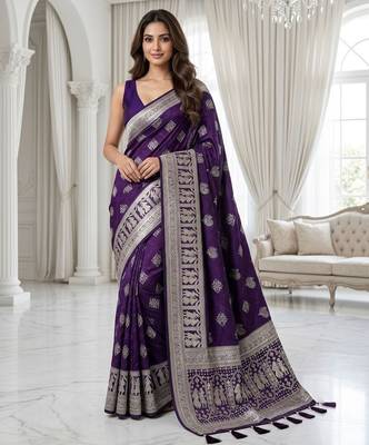 Violet color lichi silk fabric woven silver jari designer saree 1
