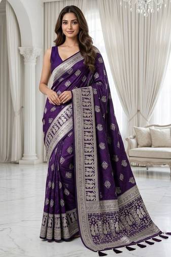 Violet color lichi silk fabric woven silver jari designer saree