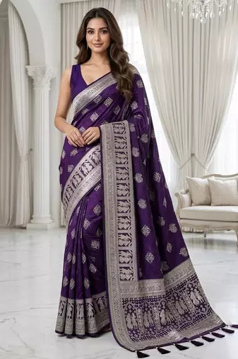 Violet color lichi silk fabric woven silver jari designer saree