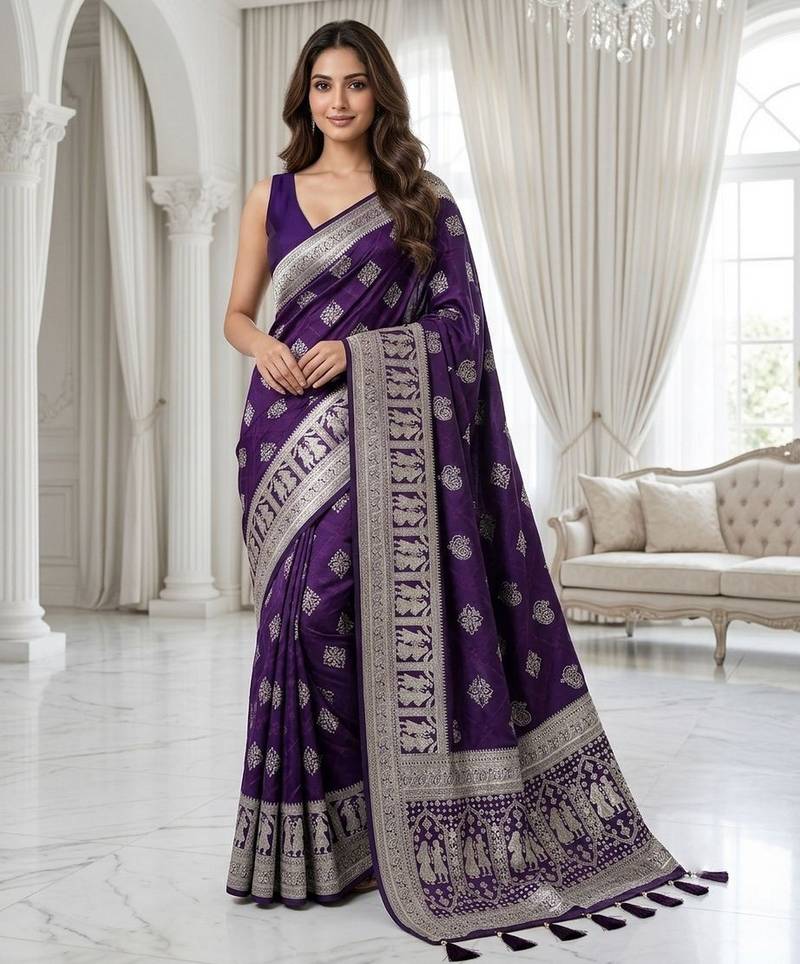 Violet color lichi silk fabric woven silver jari designer saree