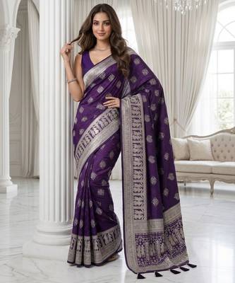 Violet color lichi silk fabric woven silver jari designer saree 2