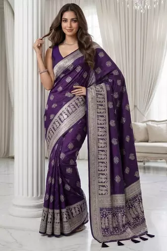 Violet color lichi silk fabric woven silver jari designer saree