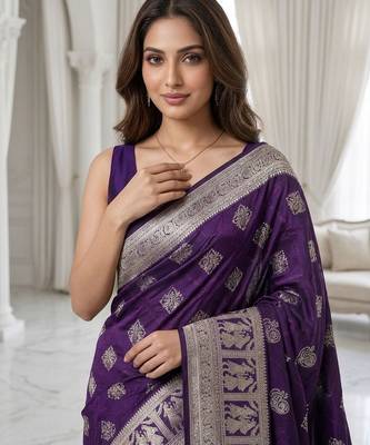 Violet color lichi silk fabric woven silver jari designer saree 3