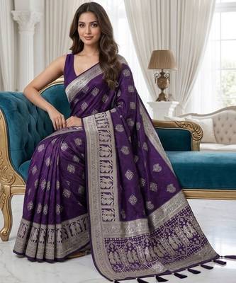 Violet color lichi silk fabric woven silver jari designer saree 4