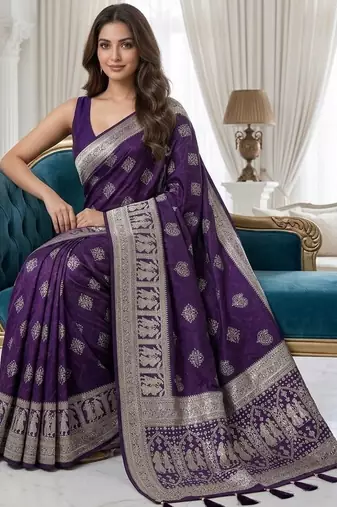 Violet color lichi silk fabric woven silver jari designer saree