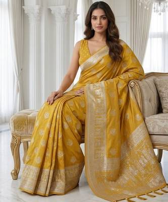 Yellow color lichi silk fabric woven silver jari designer saree 4