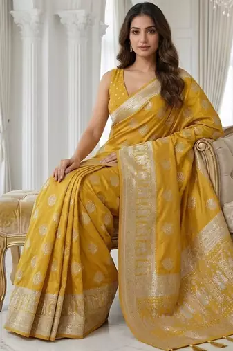 Yellow color lichi silk fabric woven silver jari designer saree