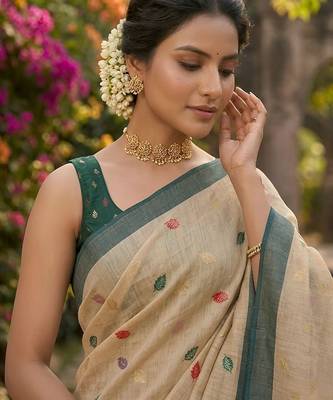 Beige color linen fabric woven designer ethnic partywear saree 3