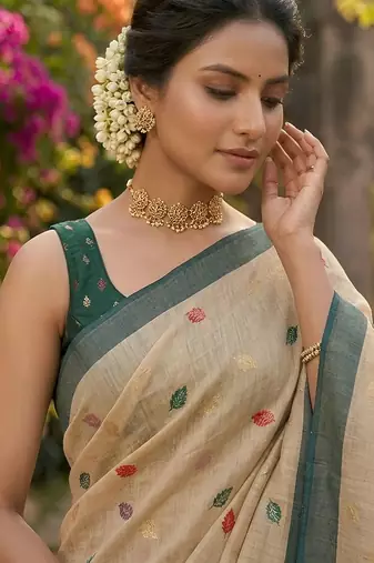 Beige color linen fabric woven designer ethnic partywear saree
