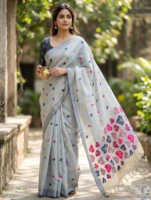 Grey color linen fabric woven designer ethnic partywear saree 1