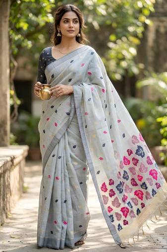 Grey color linen fabric woven designer ethnic partywear saree