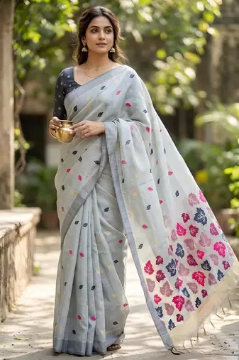 Grey color linen fabric woven designer ethnic partywear saree