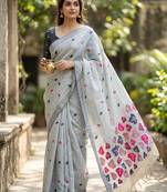 Grey color linen fabric woven designer ethnic partywear saree