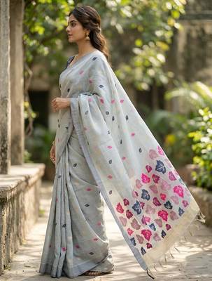 Grey color linen fabric woven designer ethnic partywear saree 2