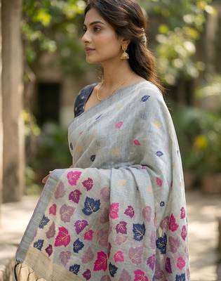 Grey color linen fabric woven designer ethnic partywear saree 3