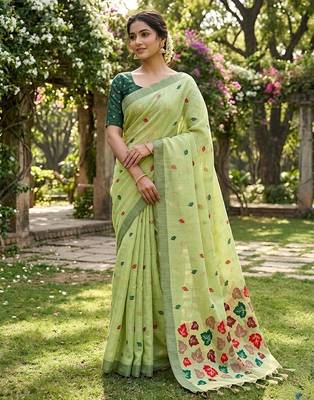 Green color linen fabric woven designer ethnic partywear saree 1