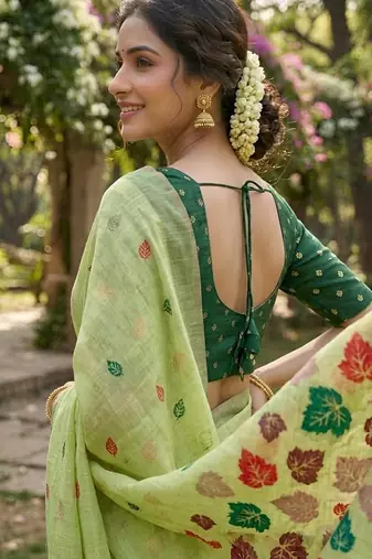 Green color linen fabric woven designer ethnic partywear saree