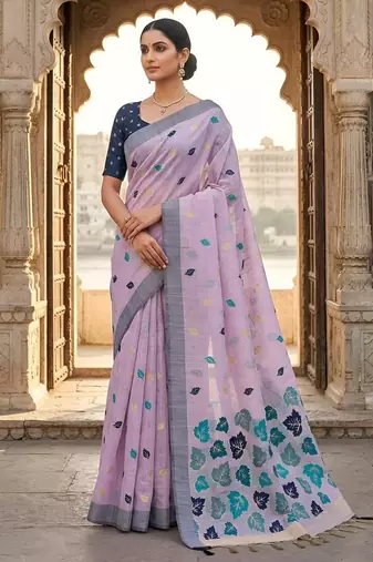 Lavender color linen fabric woven designer ethnic partywear saree