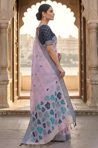Lavender color linen fabric woven designer ethnic partywear saree