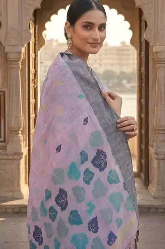 Lavender color linen fabric woven designer ethnic partywear saree