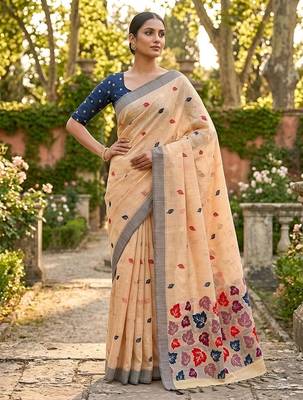Orange color linen fabric woven designer ethnic partywear saree 1