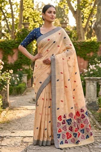 Orange color linen fabric woven designer ethnic partywear saree