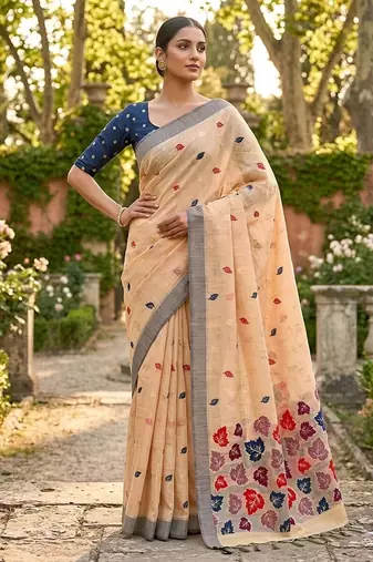Orange color linen fabric woven designer ethnic partywear saree