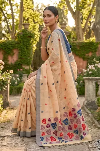 Orange color linen fabric woven designer ethnic partywear saree