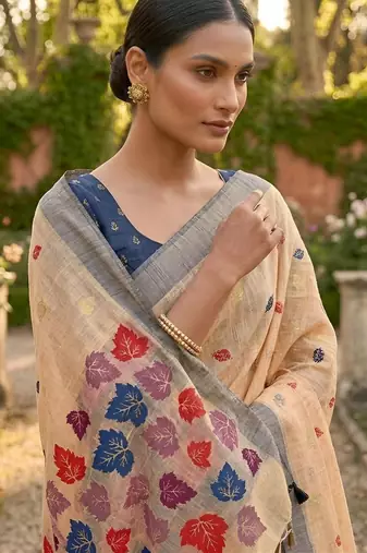 Orange color linen fabric woven designer ethnic partywear saree