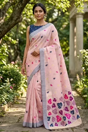 Pink color linen fabric woven designer ethnic partywear saree