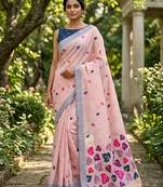 Pink color linen fabric woven designer ethnic partywear saree