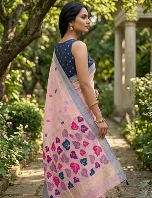Pink color linen fabric woven designer ethnic partywear saree 2