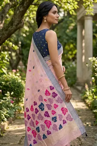 Pink color linen fabric woven designer ethnic partywear saree