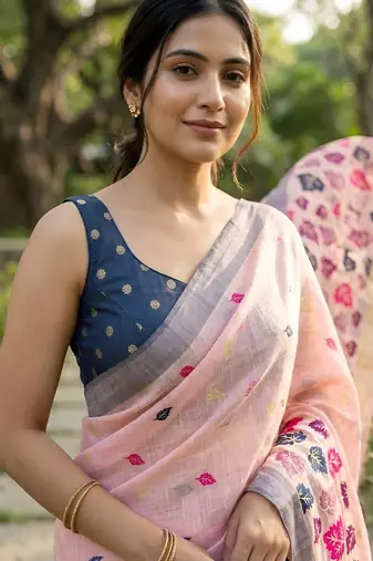 Pink color linen fabric woven designer ethnic partywear saree