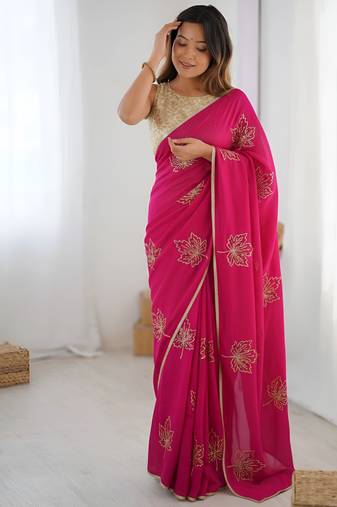 Pink color beautiful vichitra silk fabric smart floral embroidered saree