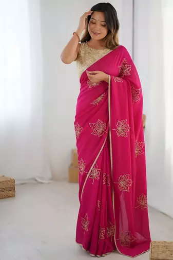 Pink color beautiful vichitra silk fabric smart floral embroidered saree