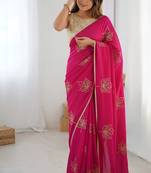 Pink color beautiful vichitra silk fabric smart floral embroidered saree