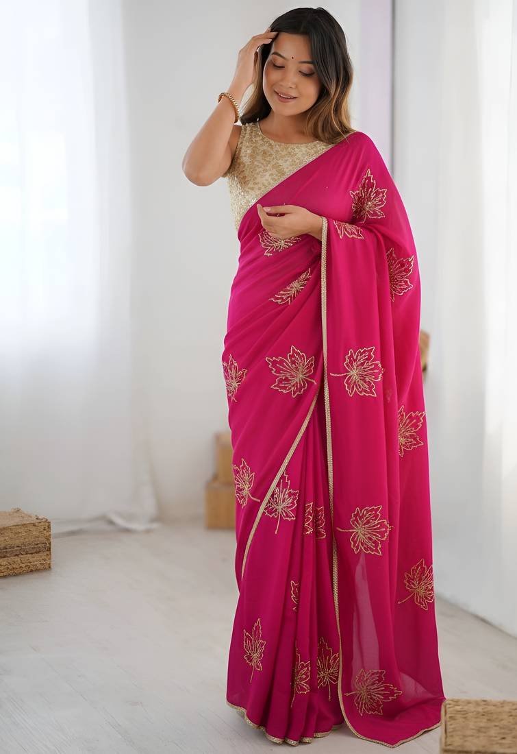 Pink color beautiful vichitra silk fabric smart floral embroidered saree