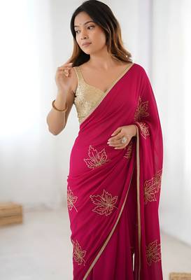 Pink color beautiful vichitra silk fabric smart floral embroidered saree 2