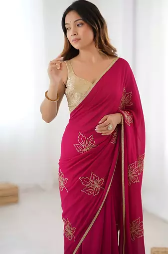 Pink color beautiful vichitra silk fabric smart floral embroidered saree