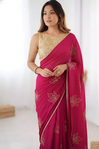Pink color beautiful vichitra silk fabric smart floral embroidered saree