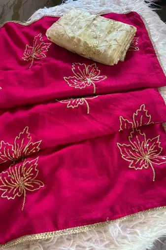 Pink color beautiful vichitra silk fabric smart floral embroidered saree