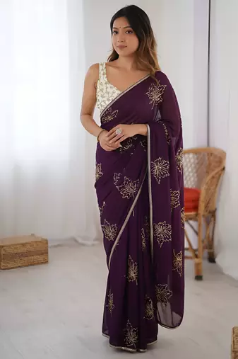 Purple color beautiful vichitra silk fabric smart floral embroidered saree