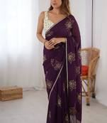 Purple color beautiful vichitra silk fabric smart floral embroidered saree