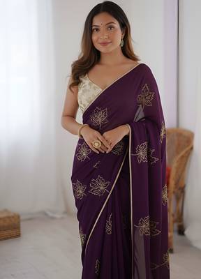 Purple color beautiful vichitra silk fabric smart floral embroidered saree 2