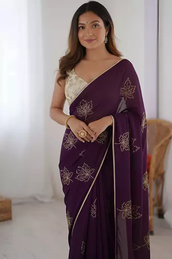 Purple color beautiful vichitra silk fabric smart floral embroidered saree